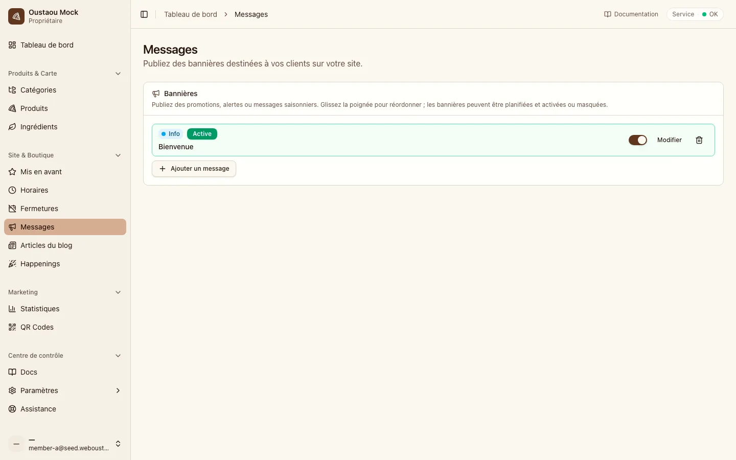 Dans l'application admin authentifiée, la surface avec l'ensemble complet des dépendances