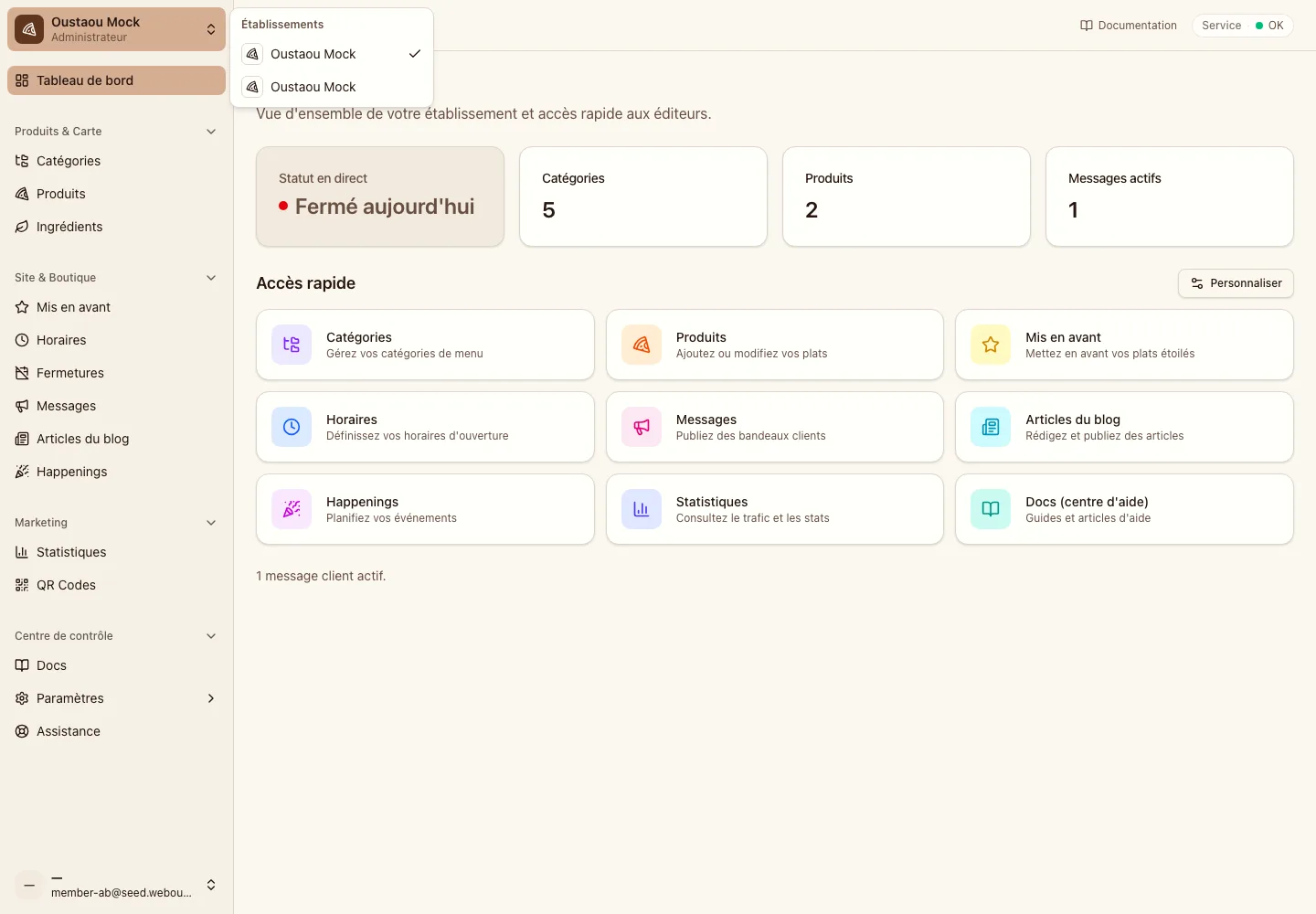 Changement d'établissement dans l'application admin