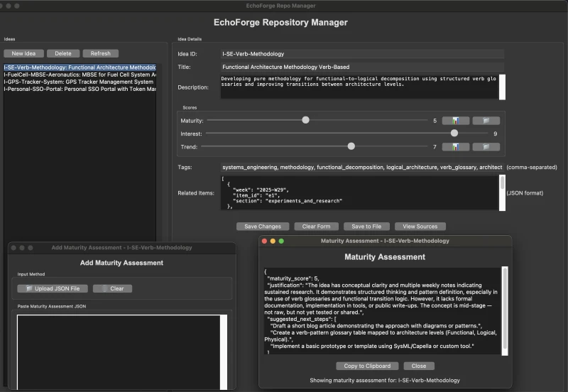 EchoForge Repo Manager showing the link between weekly logs and centralized idea database
