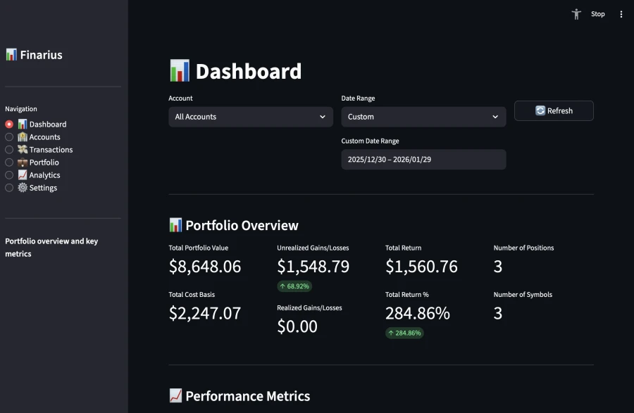 Finarius dashboard