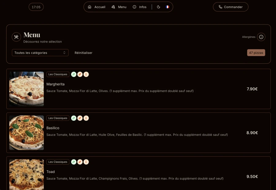 Pizza menu with filtering