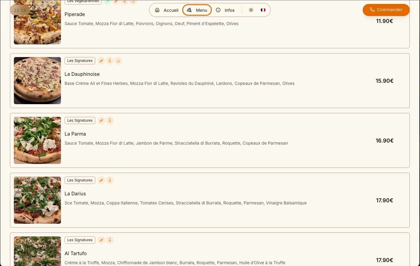 Darius Pizza's live menu page, built on WebOustaou's data layer