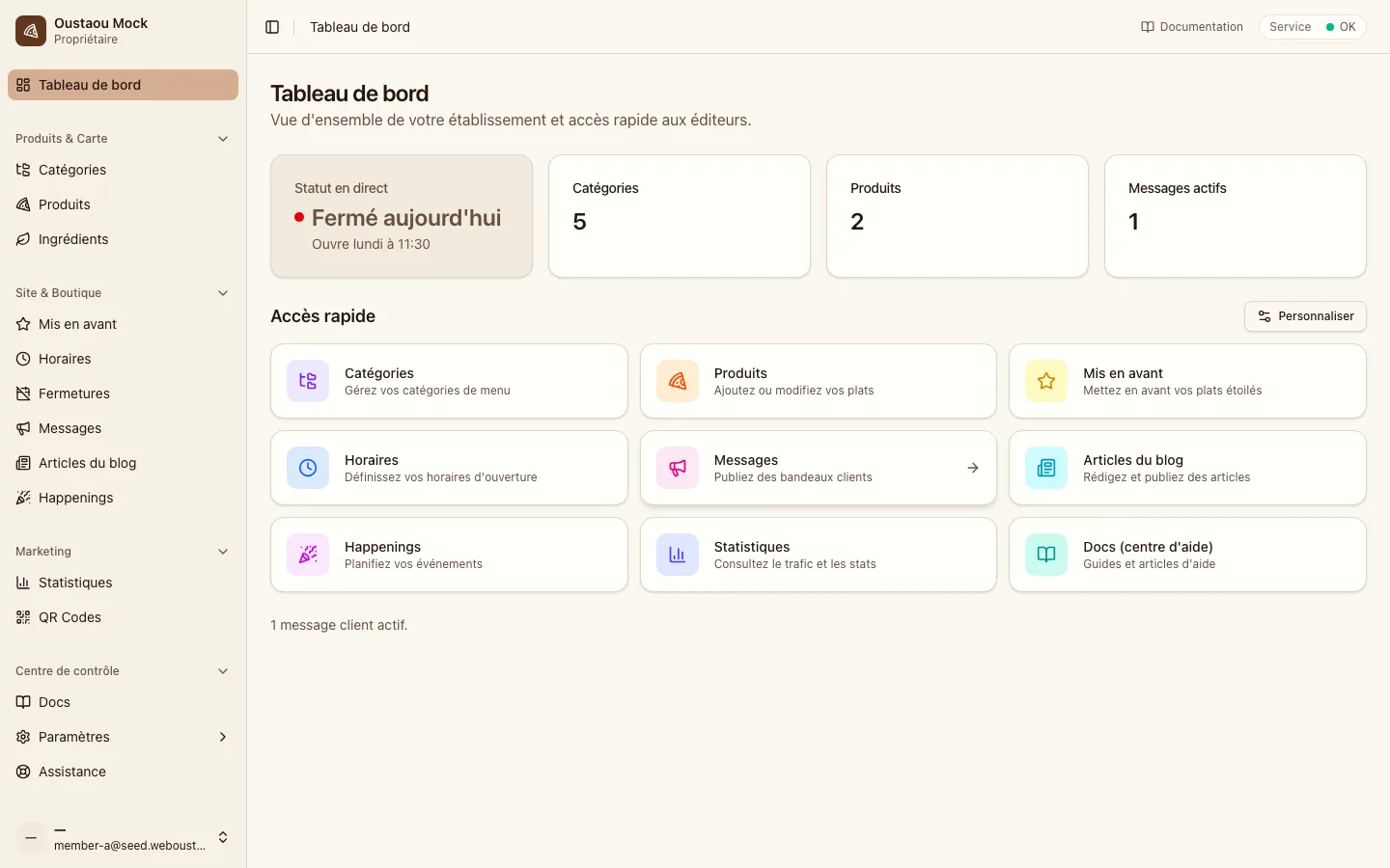 Le tableau de bord admin — la surface authentifiée avec l'ensemble complet des dépendances