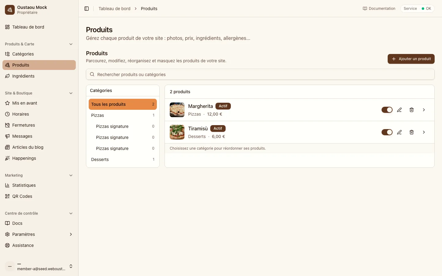 Menu and product editor